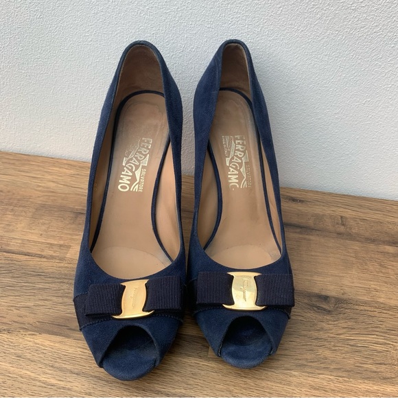 Salvatore Ferragamo Size US 10 C Blue Suede Heels Pumps Vara Bow Peep Toe Logo - Picture 2 of 11
